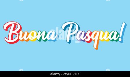 Scritta disegnata a mano in colori arcobaleno, buona Pasqua in italiano. Isolato su sfondo azzurro. vettore Illustrazione Vettoriale
