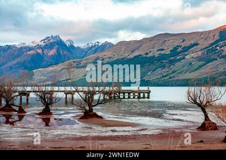 Glenorchy, Otago, nuova Zelanda, alba sul Lago Wakatipu con famosi alberi di salice nel lago, Glenorchy Jetty, nuova Zelanda, 2008 Foto Stock