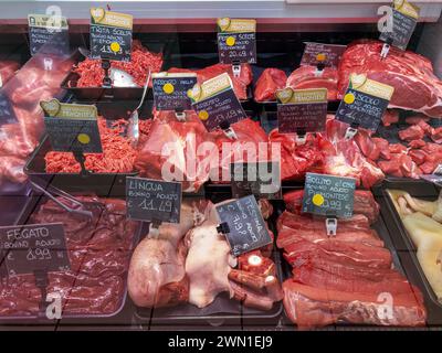 Fossano, Piemonte, Italia - 27 febbraio 2024: Manzo di razza piemontese esposto al banco refrigerato della macelleria italiana in vendita in differen Foto Stock