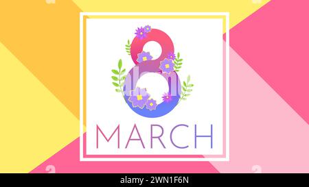 Banner per la giornata internazionale della donna. Volantino dell'8 marzo con decorazioni floreali. Inviti modello con il numero 8 con piante primaverili, leav Illustrazione Vettoriale