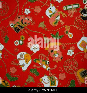 Motivi tradizionali giapponesi con tema festivo, con simboli zodiacali Foto Stock