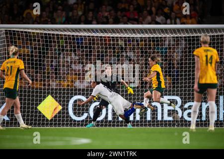 Melbourne, Australia, 28 febbraio 2024. Durante il terzo turno della partita di calcio femminile AFC 2024 tra CommBank Matildas e Uzbekistan al Marvel Stadium il 28 febbraio 2024 a Melbourne, Australia. Crediti: Santanu Banik/Speed Media/Alamy Live News Foto Stock