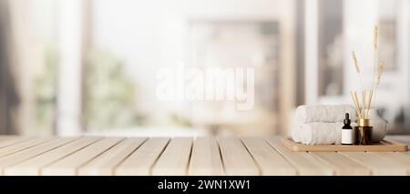 Un set spa e uno spazio di presentazione per esporre i prodotti su un tavolo in legno con uno sfondo sfocato di un bagno spazioso e contemporaneo. 3d ren Foto Stock