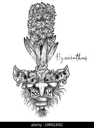Illustrazioni incise disegnate a mano con simpatico volto demoniaco o gnomo come radice del bellissimo fiore primaverile di Giacinto isolato su bianco, fantasia di giardino Foto Stock