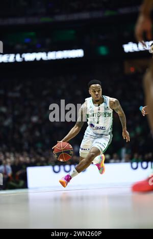 Justin BIBBINS 1 (Nanterre) durante la partita di basket Betclic Elite del campionato francese tra Nanterre 92 e Monaco Basket il 28 febbraio 2024 alla Paris la Defense Arena di Nanterre, in Francia Foto Stock