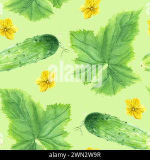 Acquerello con motivo a ripetizione senza cuciture con cetriolo vegetale verde con foglie e fiori. Illustrazione ad acquerello disegnata a mano. Per l'imballaggio, la carta da parati, f Foto Stock