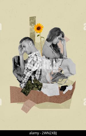 Collage fotografico creativo verticale giovane coppia uomo donna disperazione depresso discussione di rottura girasole tra disegno sfondo Foto Stock