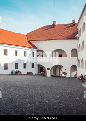 Cortile interno del castello di Palanok in una giornata di sole. Cortile interno acciottolato del castello medievale di Zakarpattia Foto Stock