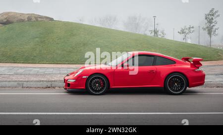 Red Porsche 911 in una mattinata nebbiosa. Vista profilo laterale della Porsche 997 Sportscar vicino a una collina di erba e una roccia Foto Stock