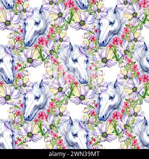 Cavalli bianchi con motivo ad acquerello fiori sfondo senza cuciture Foto Stock