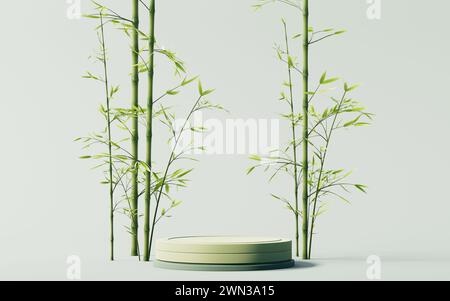 Impianto di bambù naturale verde e fase del prodotto, rendering 3d. Illustrazione 3D. Foto Stock