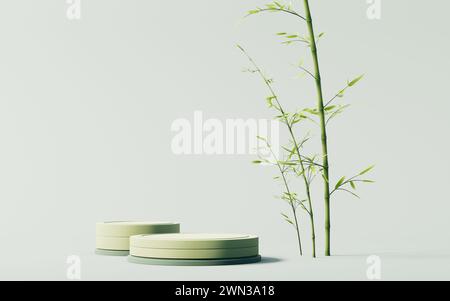 Impianto di bambù naturale verde e fase del prodotto, rendering 3d. Illustrazione 3D. Foto Stock