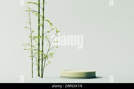 Impianto di bambù naturale verde e fase del prodotto, rendering 3d. Illustrazione 3D. Foto Stock