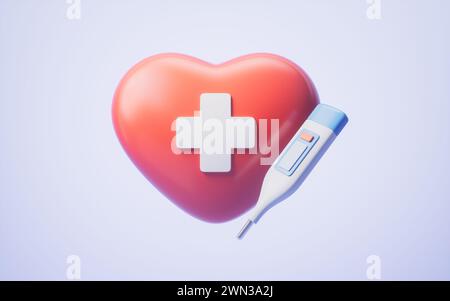 Forma a cuore rosso con concetto medico, rendering 3d. Illustrazione 3D. Foto Stock