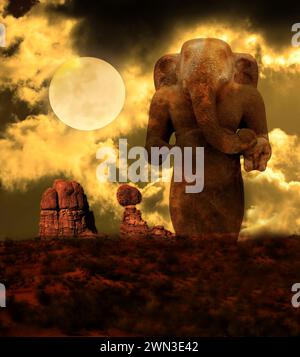 Ganesha, Elephant God in the Hinduism and Buddhism, Garden of Eden and Balanced rock, Arches National Park, Utah, Stati Uniti, edito digitalmente Foto Stock