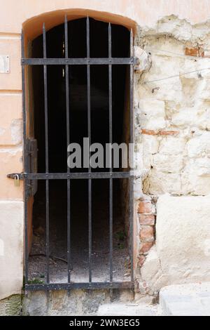 Una porta con barre di ferro incastonate in un muro di pietra Foto Stock