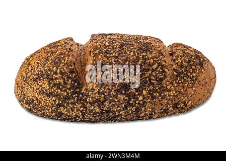 Pane di segale con sesamo, lino, girasole e semi di papavero, isolato su bianco con percorso di ritaglio Foto Stock