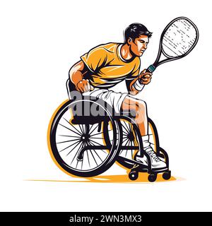 Tennista su sedia a rotelle con racchetta e palla. Illustrazione vettoriale disegnata a mano. Illustrazione Vettoriale