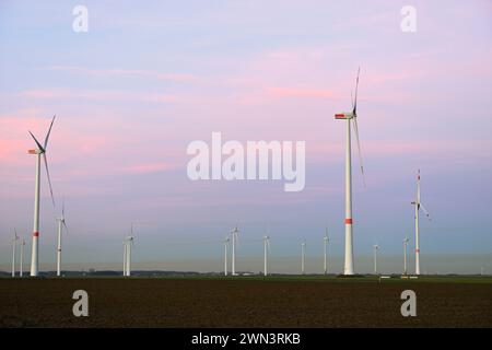 Turbine eoliche, parco di turbine eoliche, parco eolico, mulini a vento, energia eolica su terreni agricoli, energia rinnovabile con aria inquinata sull'orizzonte, NRW, Germania. Foto Stock