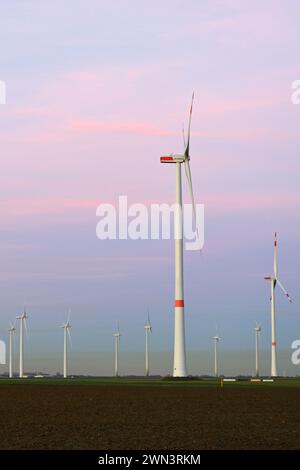 Turbine eoliche, parco di turbine eoliche, parco eolico, mulini a vento, energia eolica su terreni agricoli, energia rinnovabile con aria inquinata sull'orizzonte, NRW, Germania. Foto Stock