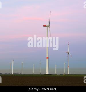 Windkraftanlagen... Energiegewinnung, Erneuerbare energie Nordrhein-Westfalen , Windanlagen, Windräder, Windenergiepark, Windturbinen, Windpark in der Kölner Bucht bei schönem Wetter vor verschmutztem Himmel, verschmutzter Luft, Regierungsbezirk Kö turbine eoliche, parco di turbine eoliche, parco eolico, mulini a vento, energia eolica su terreni agricoli, energia rinnovabile con aria inquinata sull'orizzonte, NRW, Germania. Nordrhein-Westfalen Deutschland, Westeuropa Foto Stock