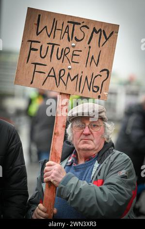 29 febbraio 2024, Cardiff, Galles. Gli agricoltori partecipano a una protesta nella capitale gallese di Cardiff, fuori dal Senedd. Gli agricoltori hanno protestato per mostrare le loro obiezioni a un'importante revisione delle sovvenzioni agricole in Galles nota come sistema di agricoltura sostenibile (SFS), che hans è stato definito "impraticabile" dai sindacati. Foto Stock