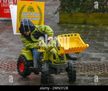 29 febbraio 2024, Cardiff, Galles. Gli agricoltori partecipano a una protesta nella capitale gallese di Cardiff, fuori dal Senedd. Gli agricoltori hanno protestato per mostrare le loro obiezioni a un'importante revisione delle sovvenzioni agricole in Galles nota come sistema di agricoltura sostenibile (SFS), che hans è stato definito "impraticabile" dai sindacati. Foto Stock