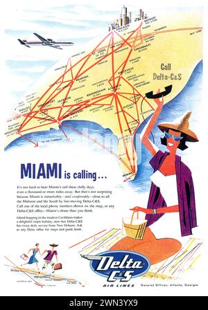 1954 Delta C & S Air Lines Stampa ad. "Miami sta chiamando" Foto Stock