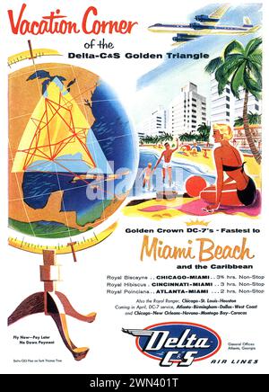 1955 Delta C & S Air Lines Stampa ad. "Angolo di vacanza del Delta C&S Golden Triangle" Foto Stock