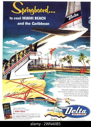 1952 Delta Air Lines Print ad "Springboard to cool Miami Beach and the Caribbean". Foto Stock