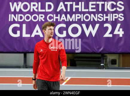 Glasgow, Regno Unito. 29 febbraio 2024. Alexander Doom belga raffigurato durante una sessione di allenamento durante i preparativi in vista dei Campionati mondiali di atletica leggera indoor a Glasgow, Scozia, Regno Unito, giovedì 29 febbraio 2024. I Mondi si svolgeranno dal 1° al 3 marzo 2024. BELGA PHOTO BENOIT DOPPAGNE credito: Belga News Agency/Alamy Live News Foto Stock