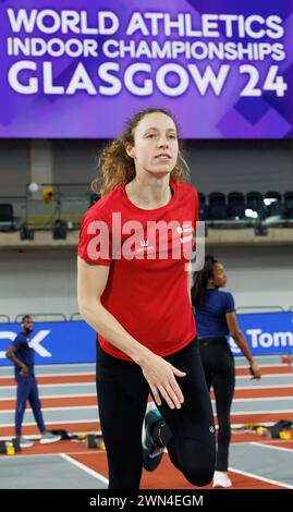 Glasgow, Regno Unito. 29 febbraio 2024. Noor Vidts belga raffigurato durante una sessione di allenamento durante i preparativi in vista dei Campionati mondiali di atletica leggera indoor a Glasgow, Scozia, Regno Unito, giovedì 29 febbraio 2024. I Mondi si svolgeranno dal 1° al 3 marzo 2024. BELGA PHOTO BENOIT DOPPAGNE credito: Belga News Agency/Alamy Live News Foto Stock