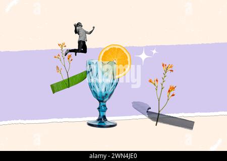 Creativo collage astratto di uomo salto americano fine settimana cocktail di vacanza bicchiere bevanda arancione fiori isolati su sfondo dipinto Foto Stock