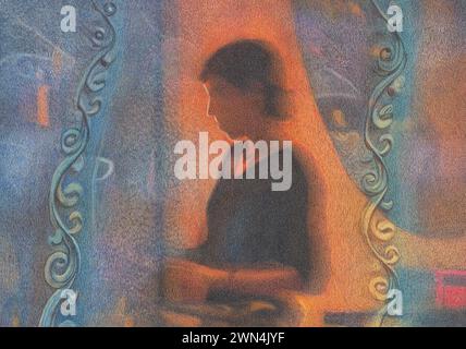 Immagine astratta di una donna in vista del profilo, che lavora con le mani e guarda attraverso una finestra e le tende. Foto Stock