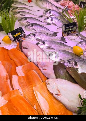 FRANCIA, BORDEAUX, 9 febbraio 2024: Assortimento di pesce fresco al mercato del ghiaccio al supermercato Foto Stock