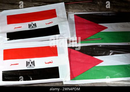 La bandiera egiziana e palestinese, traduzione dell'arabo (lunga vita all'Egitto), bandiera della Palestina e dell'Egitto, l'amicizia tra i paesi arabi con Foto Stock