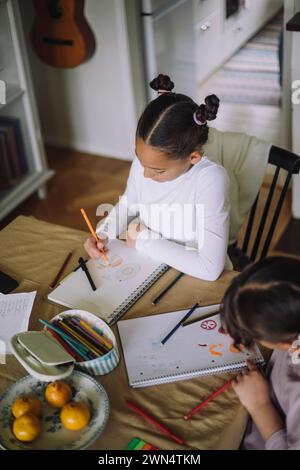Vista ad alto angolo delle sorelle che disegnano sul libro mentre sono sedute a casa Foto Stock