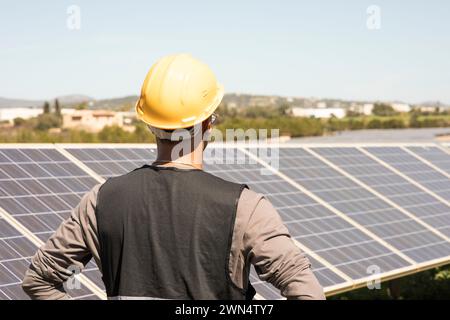 Vista posteriore del tecnico addetto alla manutenzione che guarda i pannelli solari sul campo Foto Stock