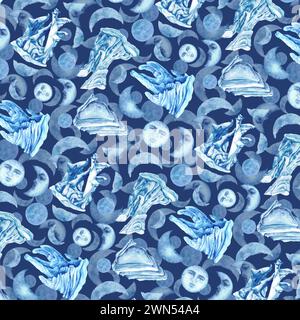 Motivi acquerelli senza cuciture con iceberg blu e lune magiche per il modello, clipart per le vacanze invernali, Earth Day, Marine and Ocean Life, per i rottami Foto Stock