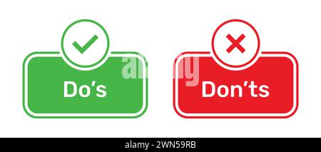 Pulsanti cosa fare e cosa non fare con simboli giusti e sbagliati. Icona casella di controllo con segni di spunta e croce con icone dei pulsanti Do e Don'ts in verde e rosso. Illustrazione Vettoriale