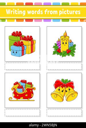 Scrivere parole da immagini. Imparare le parole in inglese. Foglio di lavoro per lo sviluppo dell'istruzione. Pagina attività a colori. personaggio dei cartoni animati. Illustrazione vettoriale. Illustrazione Vettoriale