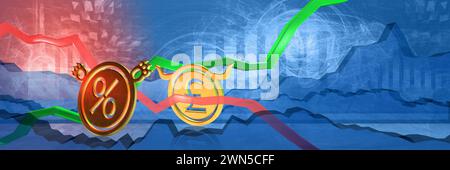 tassi di interesse al ribasso della banca centrale in gbp. concetto di stabilità finanziaria o deflazione nel regno unito. illustrazione 3d di valuta economica Foto Stock