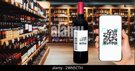 Scansione del concetto di e-label per l'industria della produzione e della vendita di alcol. Scansione di codici a barre e qr irreali sull'etichetta della bottiglia di vino tramite smartphone in mano. Foto Stock