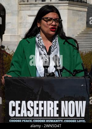 Washington, District of Columbia, USA. 29 febbraio 2024. Il rappresentante RASHIDA TLAIB (D-mi) chiede un cessate il fuoco e un cambiamento nella politica degli Stati Uniti nei confronti della guerra Israele-Hamas man mano che il numero delle vittime aumenta. (Credit Image: © sue Dorfman/ZUMA Press Wire) SOLO PER USO EDITORIALE! Non per USO commerciale! Foto Stock