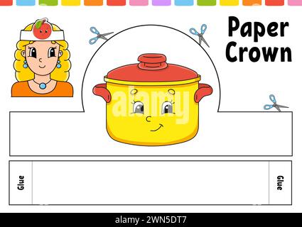 Modello corona in carta per bambini. Per giochi, torte, compleanni, vacanze. Con un carino personaggio dei cartoni animati. Isolato su sfondo bianco. Adatto per la stampa Illustrazione Vettoriale