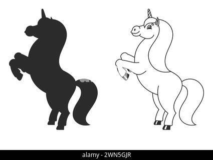 Libro da colorare per bambini. Il magico unicorno è cresciuto. Il cavallo animale sta sulle zampe posteriori. Stile cartoni animati. Semplice illustrazione vettoriale piatta. Illustrazione Vettoriale