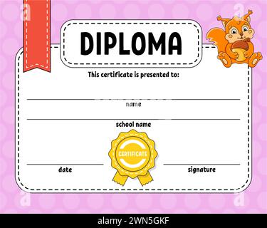 Modello di certificato di diploma. Per scuola e scuola materna. Per bambini e bambini. Illustrazione vettoriale. Illustrazione Vettoriale