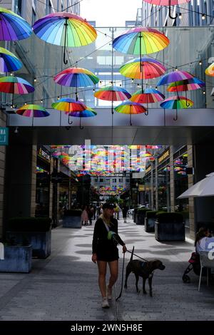 Palmer Alley la spina dorsale principale attraverso il CityCenter DC decorato con ombrelloni arcobaleno durante il Pride Month. Washington DC. USA Foto Stock