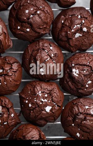 Vista dall'alto dei biscotti brownie fatti in casa con la parte superiore incrinata e fiocchi di sale spolverati sulla griglia di raffreddamento Foto Stock