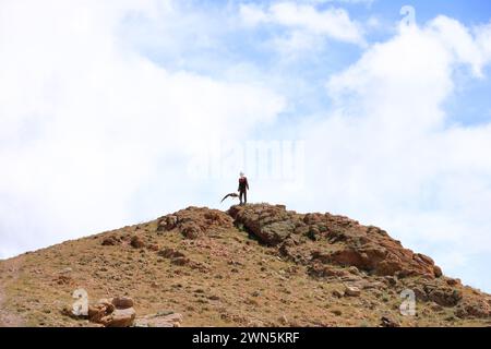 27 2023 agosto - Bokonbayevo, provincia di Issyk Kul in Kirghizistan: I cacciatori di aquile del Kirghizistan dimostrano una caccia all'aquila Foto Stock